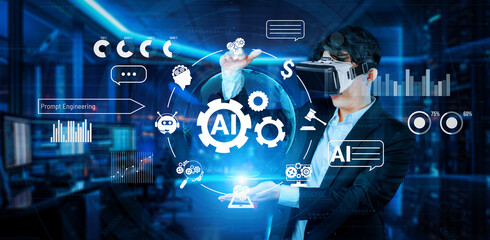Smart project manager holding at AI chat hologram and wearing headset at modern office....