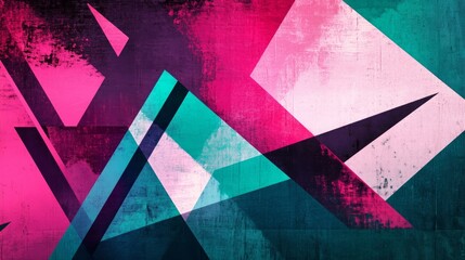 Bold geometric shapes in shades of pink purple and teal creating depth and movement The grainy texture and angular lines provide visual intrigue