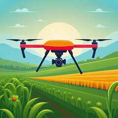 Drones surveying lush agricultural fields under a bright sun in a picturesque rural landscape