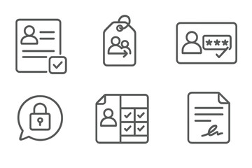 Digital Identity Icons. Line style icons of digital identity: user consent form icon, data sharing permission tag, access grant