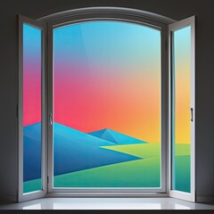 Vibrant geometric landscape view through an open window, showcasing blue mountains and a colorful sky during sunset