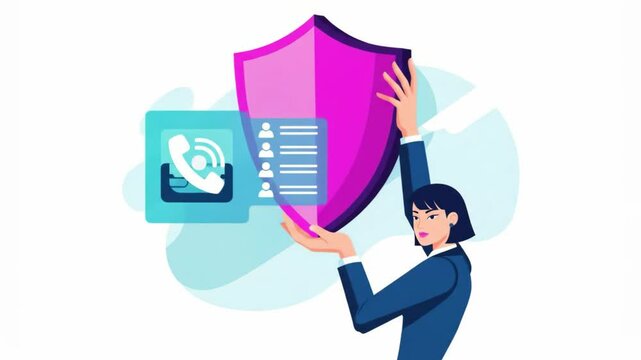 A woman holds a shield, protecting phone and contact list data, corporate Memphis and flat design.