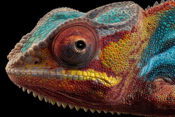 Colorful chameleon with vibrant scales in close-up, showcasing detailed textures and patterns. The reptile's eye is in focus, surrounded by hues of blue, green, red, and yellow