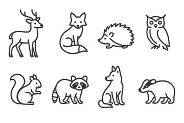 Forest Animal Icons. Line style icons of forest animals: deer, fox, hedgehog, owl. squirrel, raccoon, wolf, badger. No text, No