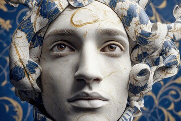 Ceramic bust of a person adorned with intricate blue and white floral patterns, curly hair design. The face features detailed textures and lifelike eyes, creating a surreal, artistic effect