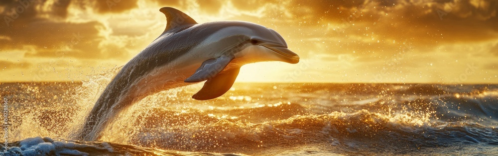 Poster a dolphin performs a captivating leap from the sea as the sun sets, casting a golden glow over the t