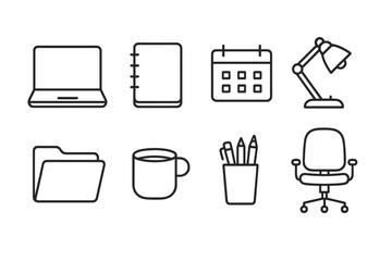 Office Line Icons. Line style icons of office work: laptop, notebook, calendar, desk lamp. file folder, coffee cup, pen holder,