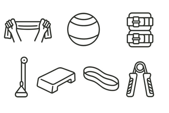 Physical Therapy Icons. Line style icons of physical therapy: stretch band, exercise ball, therapy mat, ankle weights. shoulder