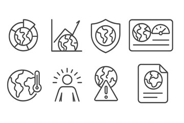 Fototapeta premium Ecological Icons Collection. Line style icons of ecological disasters and response: planetary boundary icon, ecological overshoot