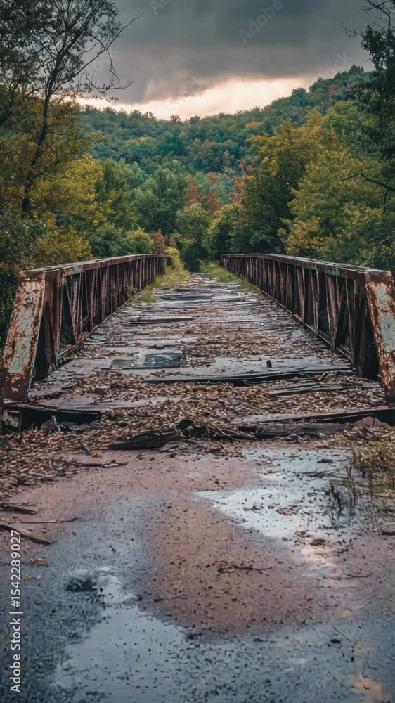 Poster rusty bridge spanning a dirty road in a rural or abandoned setting