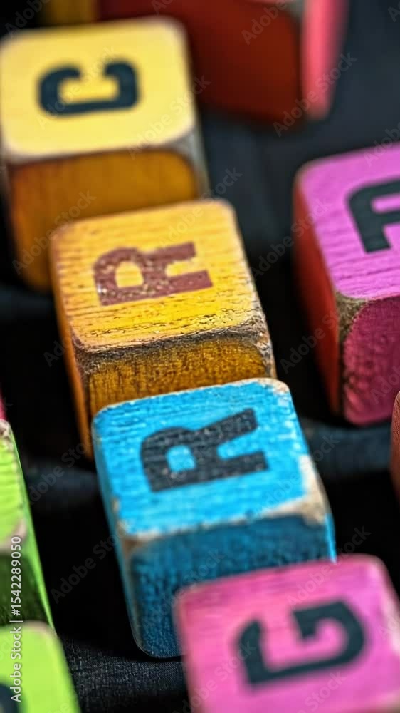 Poster Close-up of colorful wooden blocks arranged on a computer keyboard, perfect for creative and educational projects