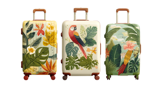 suitcase with green leaves isolated on white background 