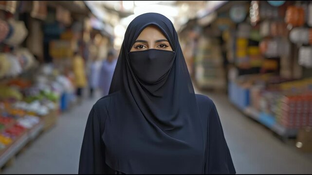 Woman in a public place street of a iran country and hiding her face with burkha,