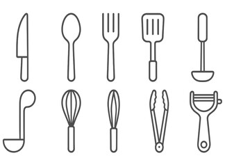 Kitchen Utensil Icons. Line style icons of kitchen utensils: knife, spoon, fork, spatula. ladle, whisk, tongs, peeler. No text, No