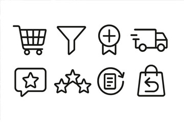 E-commerce Interface Icons. Line style icons of e-commerce interface: shopping icon, product filter, add to cart, shipping info.