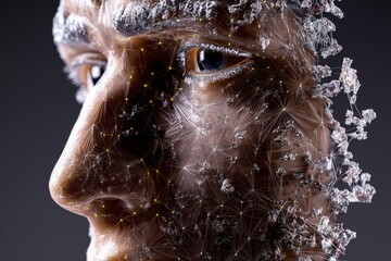 Futuristic human face with network-like patterns, depicting technology integration and digital connectivity. The face appears partially transparent, with intricate glowing nodes