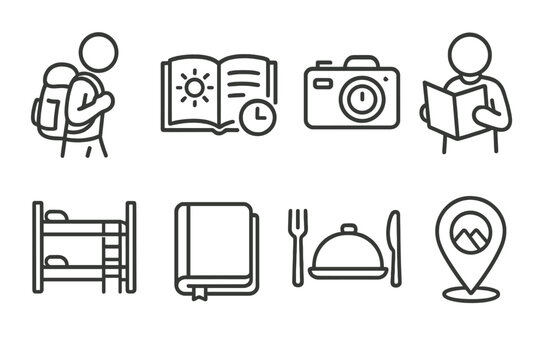 Solo Travel Icons. Line style icons of solo travel: solo backpacker, travel journal, self-timer camera, solo map. hostel bunk,