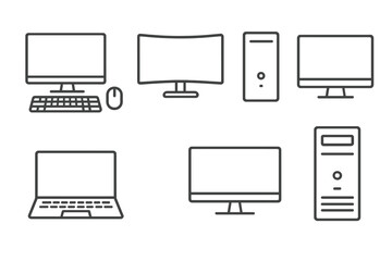 Computer Line Style Icons. Line style icons of computer brands (generic): desktop shape, keyboard layout, mouse model, generic