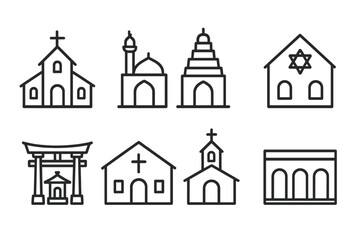 Line Style Worship Icons. Line style icons of places of worship: church, mosque, temple, synagogue. shrine, monastery, chapel,