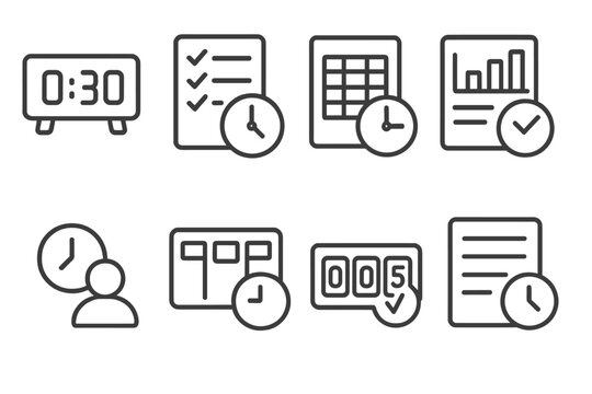 Time Tracking Icons. Line style icons of time tracking: digital clock, task log, timesheet icon, daily report. volunteer hour,