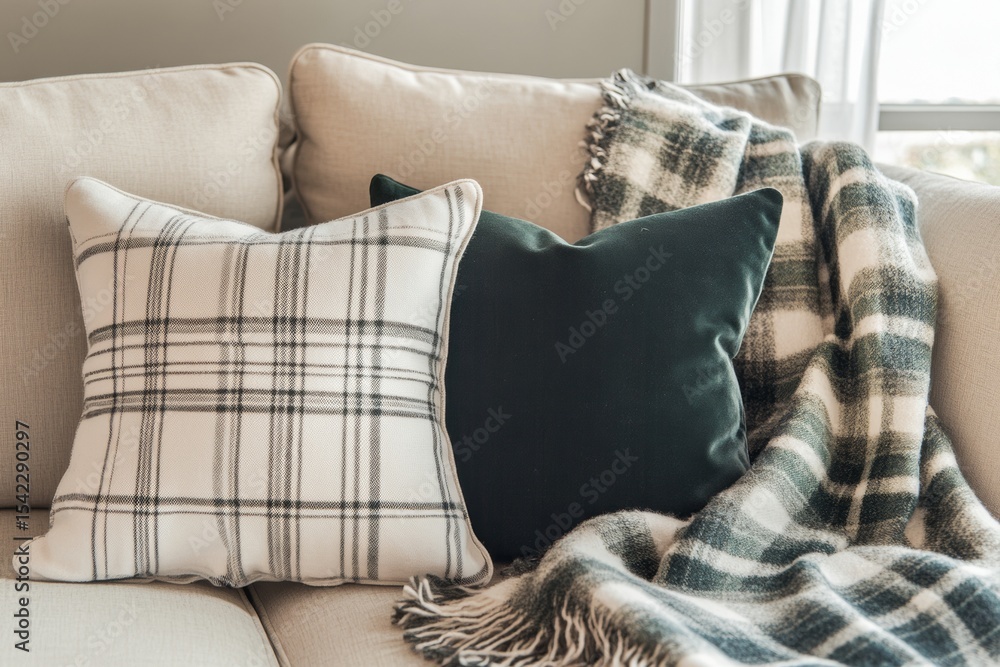 Aufkleber decorative cushions in various patterns rest alongside a plush plaid blanket, creating a warm and in