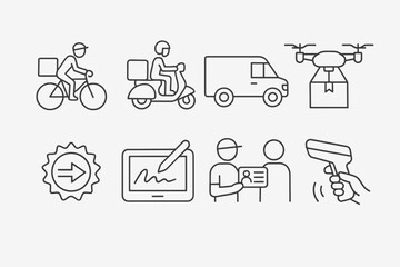 Courier Service Icons. Line style icons of courier services: bicycle courier, scooter delivery, van courier, drone drop. express
