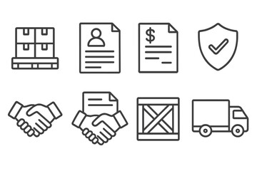 B2B Logistics Icons. Line style icons of B2B logistics: bulk pallet, commercial invoice, freight quote, cargo insurance. delivery