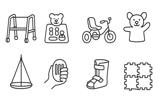Pediatric Rehab Icons. Line style icons of pediatric rehab: child walker, toy therapy, adaptive tricycle, hand puppet. therapy