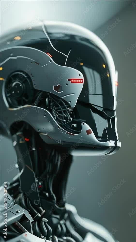 Poster a stylized, high-tech robot head with a glowing red eye, suggesting advanced artificial intelligence