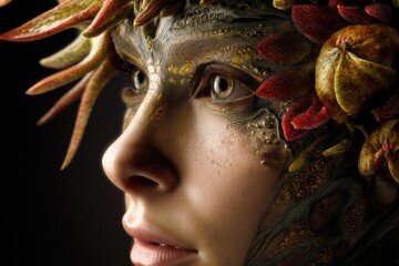 Intricate face paint with botanical design envelops a woman's face, depicting vivid plant-like forms, rich textures, and earthy tones, evoking a fantasy nature-inspired aesthetic