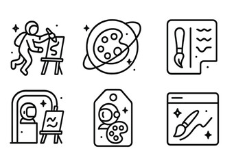 Futuristic Art Icons. Line style icons of future digital art: zero-gravity painting icon, orbital art badge, magnetic brush chart,