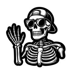 Cool skeleton in cap and sunglasses waving hand