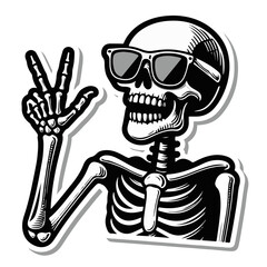 Cool skeleton wearing sunglasses making peace sign
