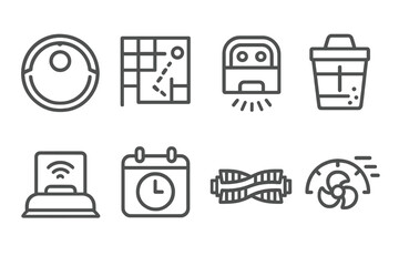 Home Robotics Icons. Line style icons of home robotics and automation: robotic vacuum cleaner, floor mapping icon, obstacle sensor