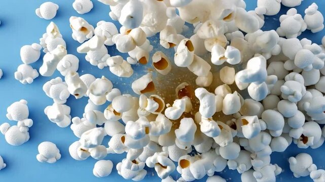 scattered popcorn kernels on a blue surface
