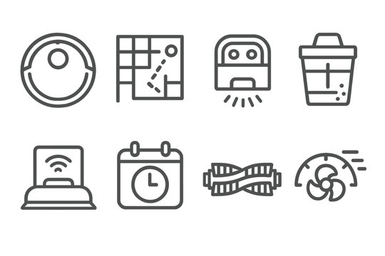 Home Robotics Icons. Line style icons of home robotics and automation: robotic vacuum cleaner, floor mapping icon, obstacle sensor