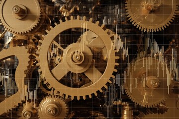 Golden gears interlock in a complex mechanical arrangement. Superimposed are white sine wave graphs, adding a layer of technology to the intricate machinery design