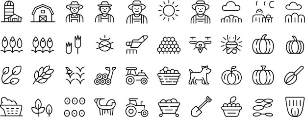 Farming and Agriculture Icons: Minimalist Line Art Set for Farm Life, Harvest, and Rural Elements