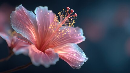 A pink hibiscus flower stands out with vivid colors and intricate details, showcasing its delicate petals and vibrant stamen against a soft, blurred background during dusk.