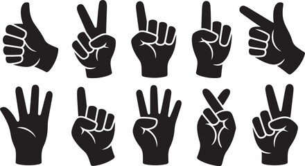Fototapeta premium Ten Black Silhouette Hand Gestures Illustrations Showing Numbers One Through Five and Thumbs Up Peace Sign