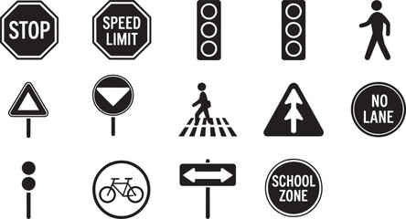 Ten Black Silhouette Vector Icons Depicting Traffic Signals Pedestrian Crosswalks Stop Signs Speed Limit Signs
