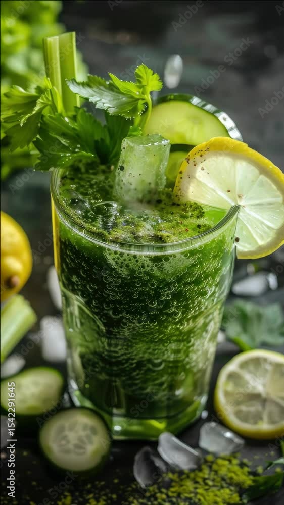 Poster refreshing drink with a hint of bitterness from celery, spiced up with fresh herbs and lemon's zest.