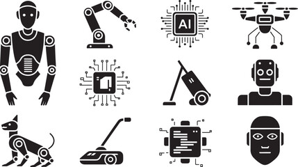Ten Black Silhouette Vector Illustrations of Robots A I Technology and Smart Devices artificial intelligence