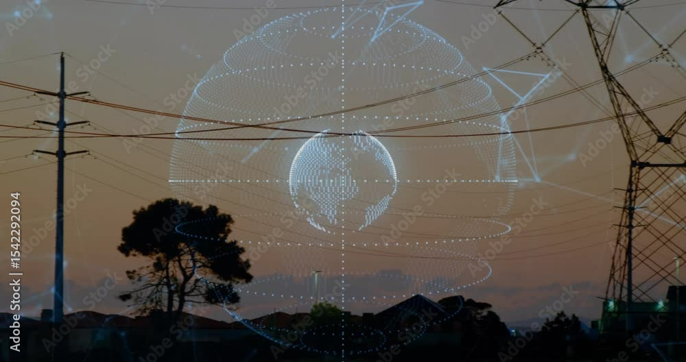 Poster as dusk falling wireframe globe appearing with rotating rings between pylons showing connectivity
