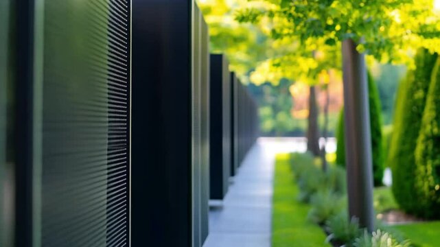 Modern Black Air Conditioner Unit in a Lush Green Garden