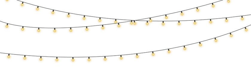 Shiny garland outlines New Year banner. Circle of light forms magical border. Soft yellow bulbs hang on thread. Twilight glow fills joyful evening sky. 