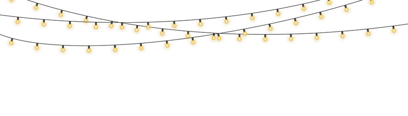 Twinkling fairy lights glow in soft amber. Golden garland loops around festive corner. Warm bulbs dangle on celebration wire. Holiday sparkle brightens the dark scene. © Felicety