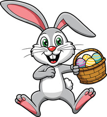 Happy Easter Bunny Cartoon Character Hopping with a Basket of Decorated Eggs, Symbolizing Spring and Holiday Joy