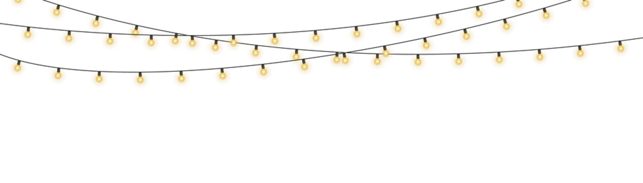 Twinkling fairy lights glow in soft amber. Golden garland loops around festive corner. Warm bulbs dangle on celebration wire. Holiday sparkle brightens the dark scene.