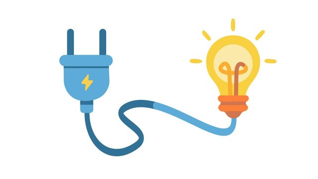 Electricity plug and light bulb logo in cartoon animation. Power source connection icon. Energy supply and idea generation symbol. Alpha channel. Seamless looping.
